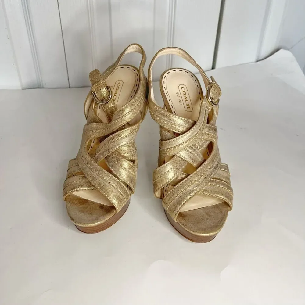 Coach Brynne Leather Metallic Gladiator Strappy Stiletto Wood Slingback Sandals